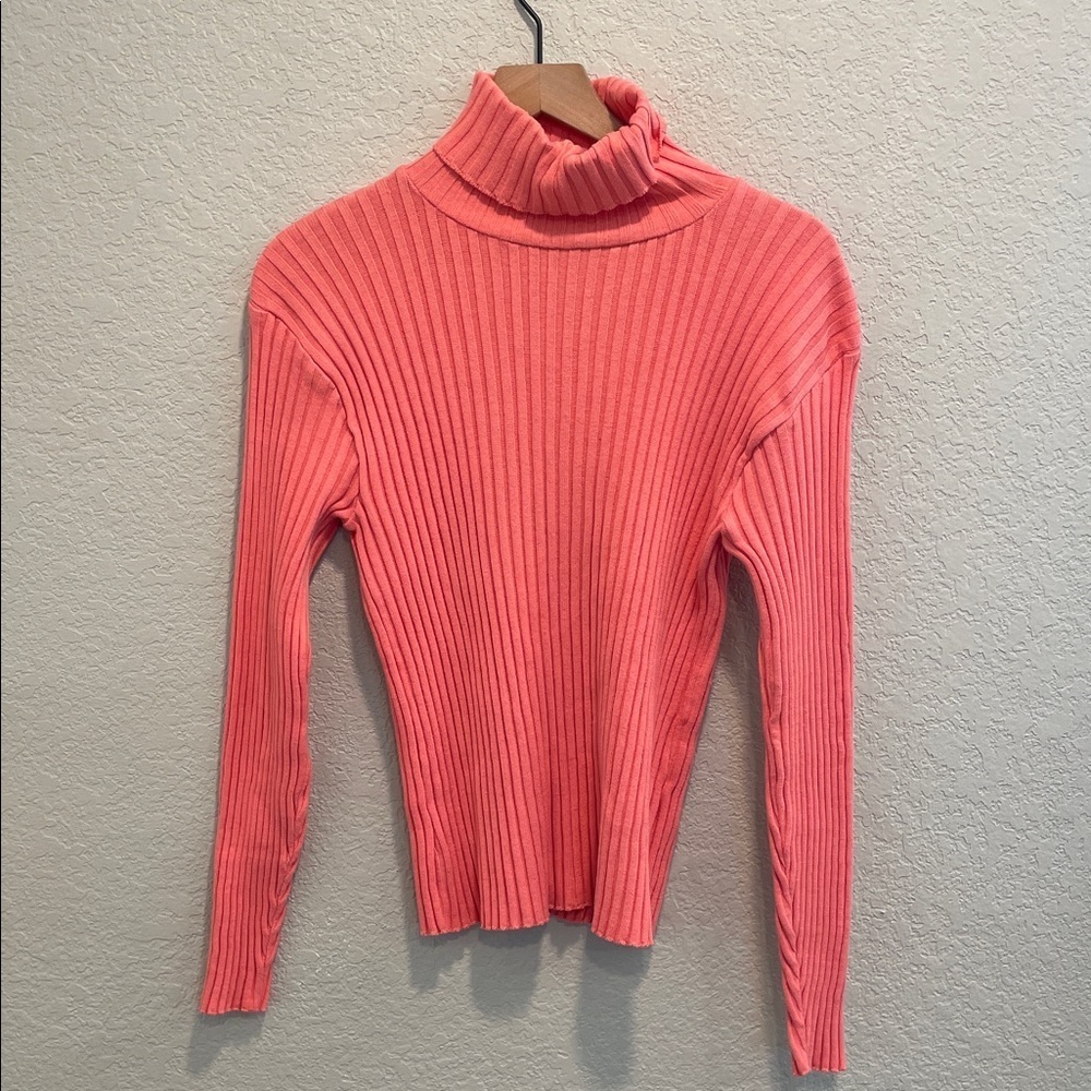 Ribbed Turtleneck Sweater Size L Coral Pink Fitted Stretch Layering Top